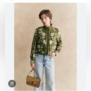 BNWT Sezane Koaline Jacket Multicoloured Flowers On Khaki Background - Size 6